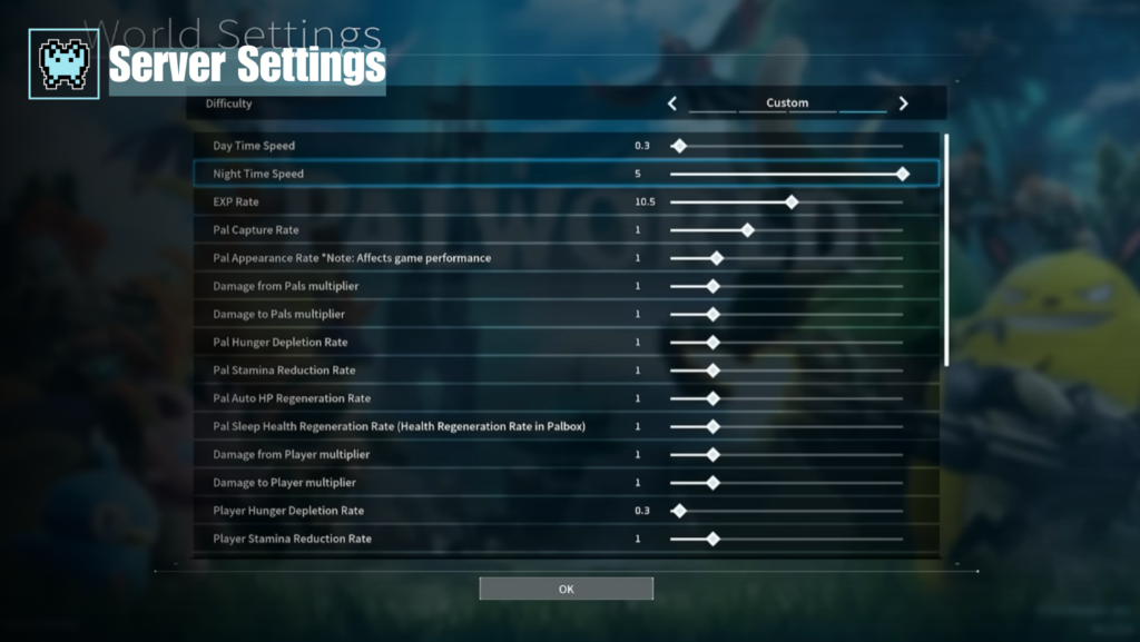 Server settings in Palworld
