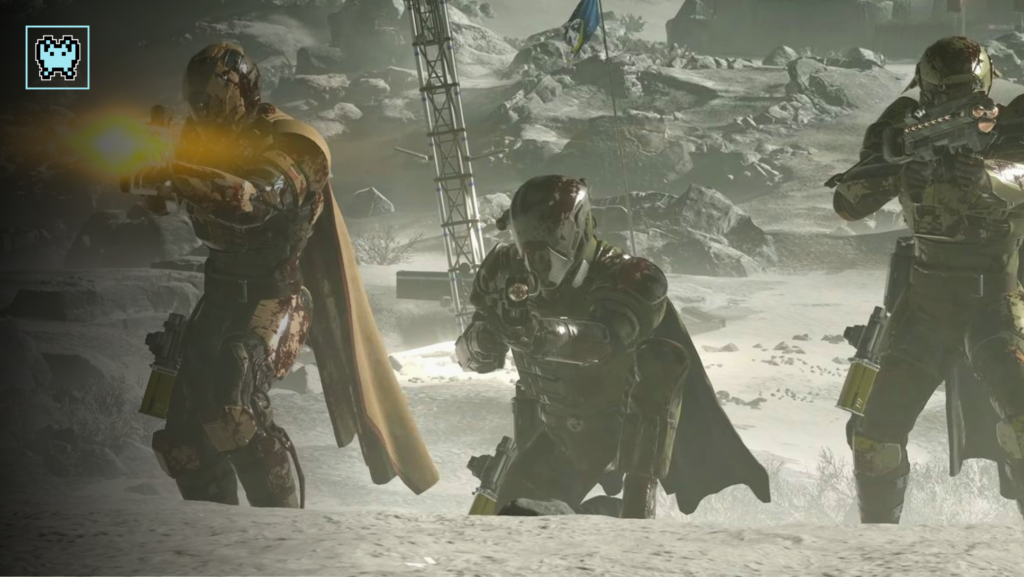 Helldivers 2 squad of four players preparing for a mission with in-game lobby and matchmaking interface.