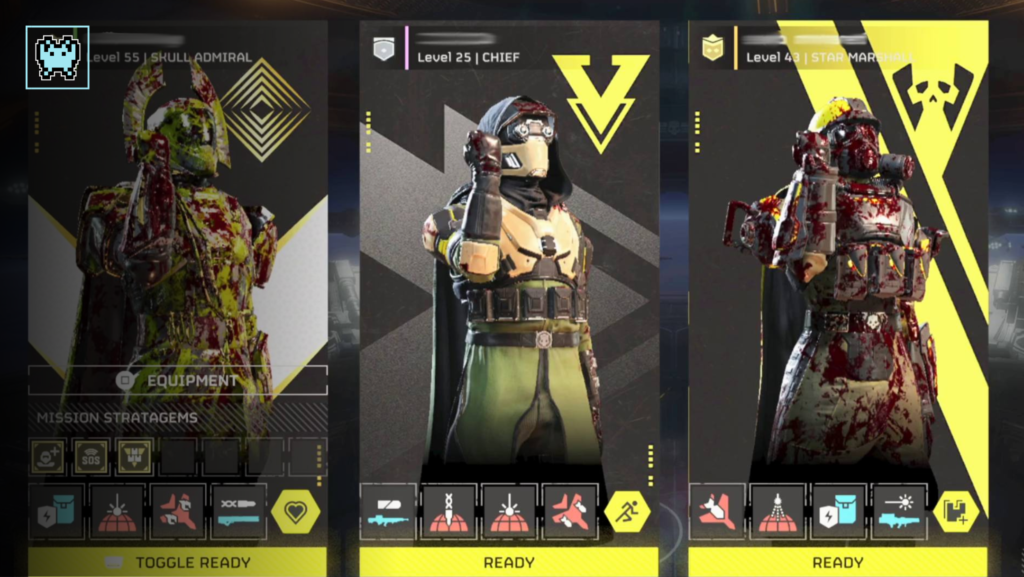 Helldivers 2 loadout selection menu displaying primary weapons, secondary weapons, grenades, and utilities.