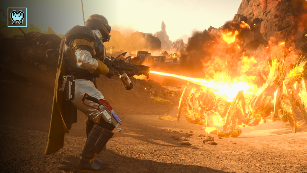 Helldiver aiming and firing at Automatons in Helldivers 2, showcasing shooting mechanics and combat action.