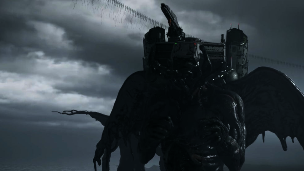 Magellan Man in Death Stranding 2, a massive mech-like creature, facing off against tar monsters.